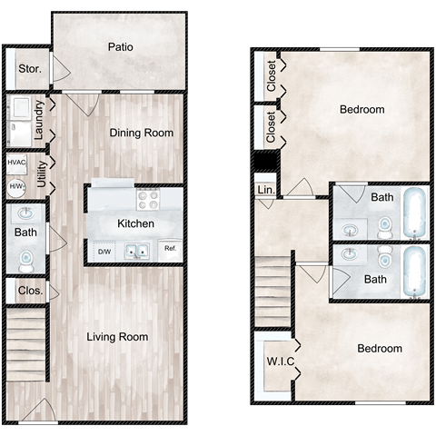 Floor plan for 2 beds, 2.5 baths, 1085 sqft